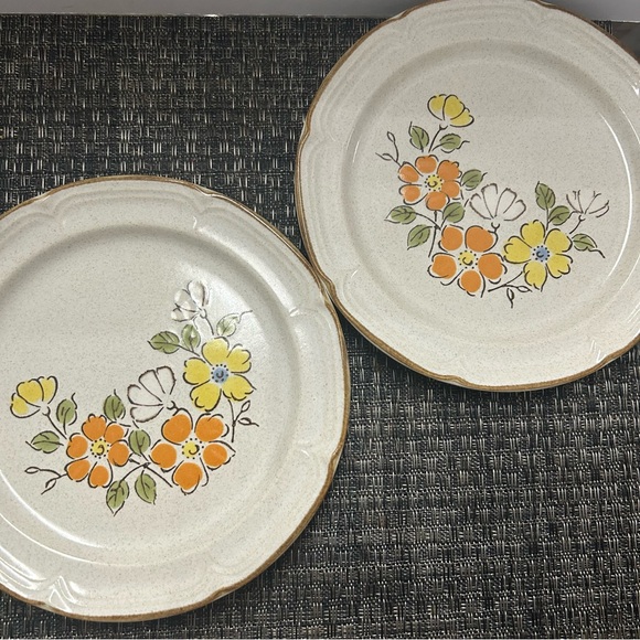 Hearthside Stoneware 2 Salad Plates Spring Garden Baroque Vintage 1970 7.5” - Picture 1 of 9